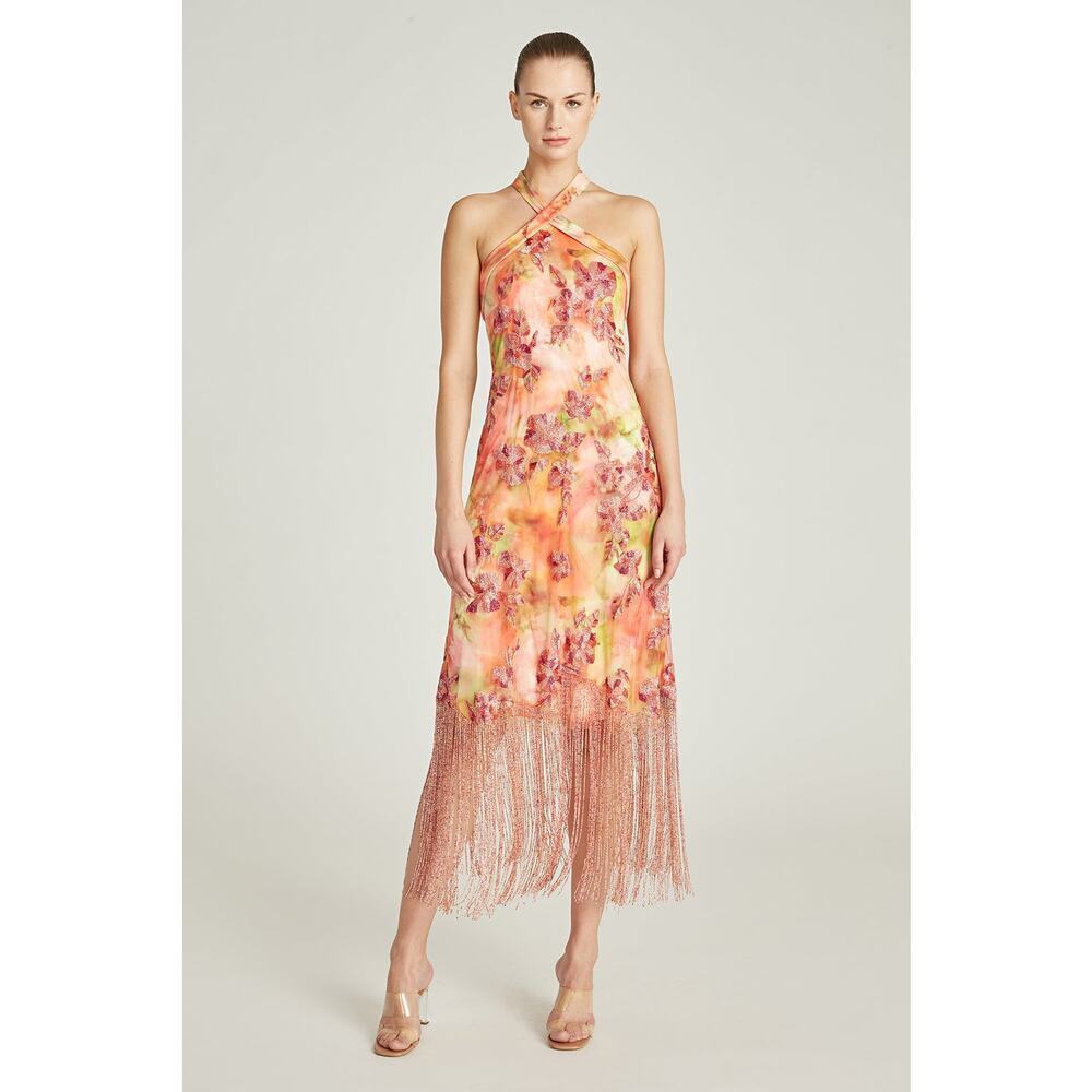 Theia Imprinted Blooms Brigitte Fringe Halter Dress Women’s Size 8 NWT
